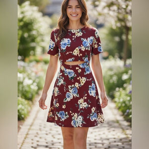 Umgee burgundy floral open midriff and back dress size large